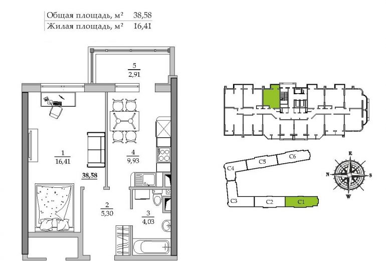 39,83 кв.м ЖК Таировские сады 1 секция Однокомнатная Расположение на этаже