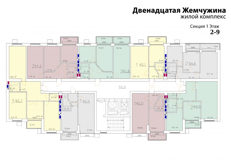 Кадорр, 12 Жемчужина, Планировка типового этажа секция 1