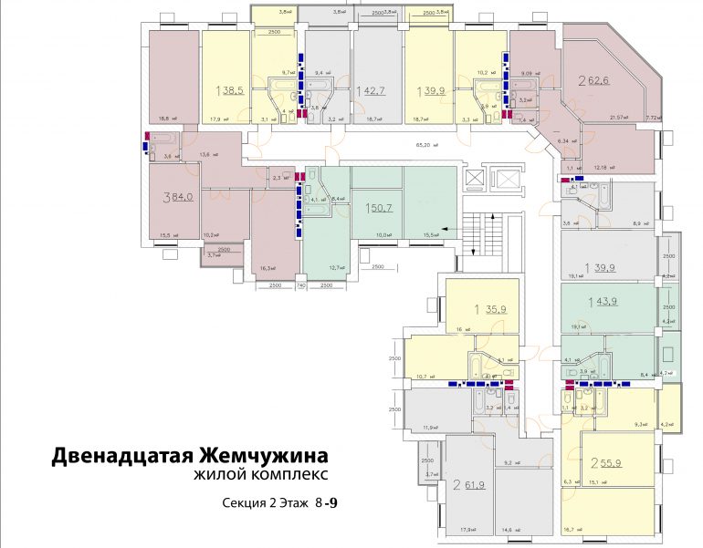 Кадорр, 12 Жемчужина, Планировка типового этажа секция 1