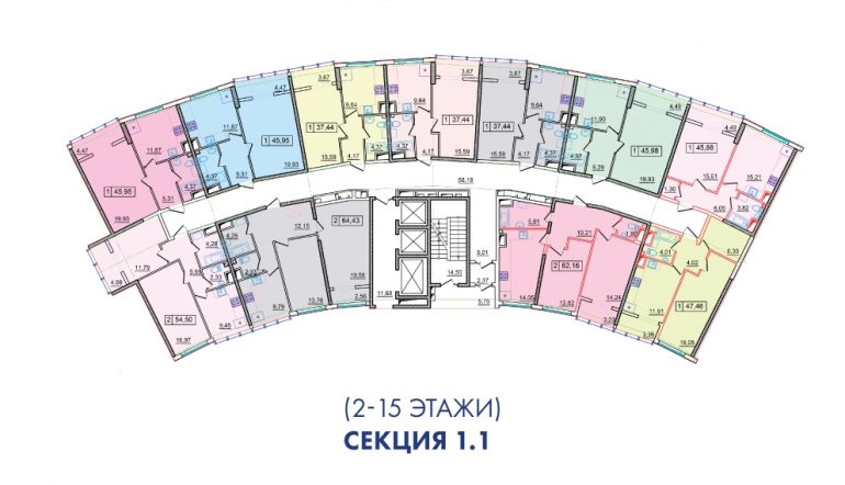 ЖК 36 Жемчужина 1 секция План 2-15 этажей