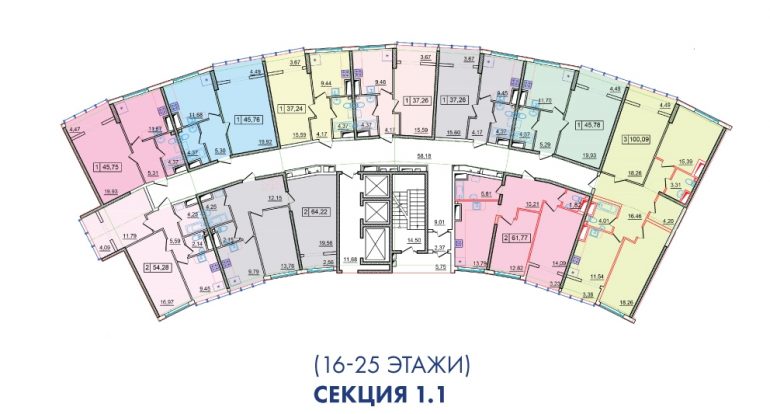 ЖК 36 Жемчужина 1 секция План 16-25 этажей