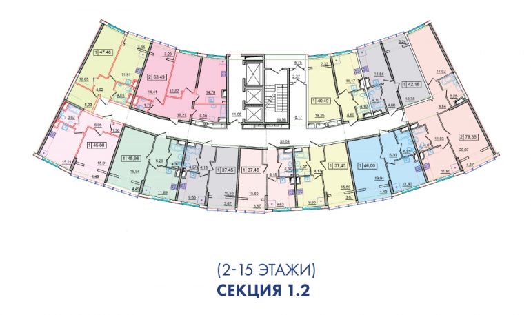 ЖК 36 Жемчужина 2 секция План 2-15 этажей