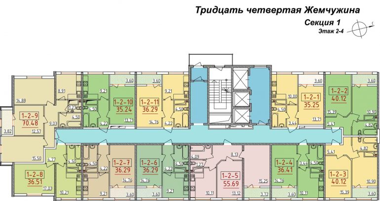34 Жемчужина Планировка этажа Секция 1 Этаж 2-4