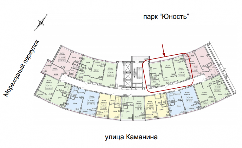 ЖК 43 Жемчужина 1 секция Двухкомнатная Площадь 60 кв.м Расположение на этаже