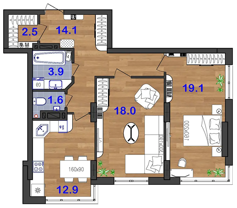 2-room apartment · 64.4 m² · Aquamarine
