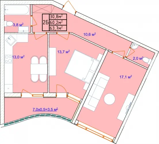 2-room apartment · 69.45 m² · Aquamarine