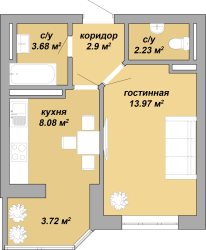 ЖК Акварель Однокомнатная Площадь 34,58 кв.м Планировка 3