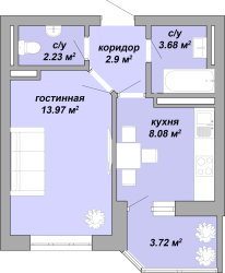 ЖК Акварель Однокомнатная Площадь 34,58 кв.м Планировка 4