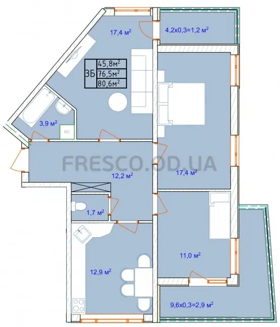 3-room apartment · 79.8 m² · Aquamarine