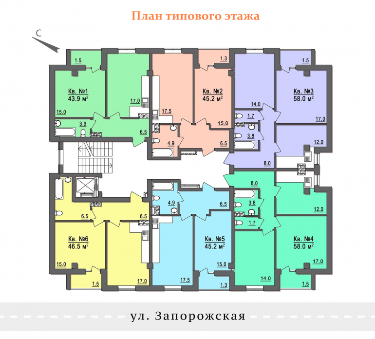 ЖК Дом на Запорожской План типового этажа (2-8 этажи)