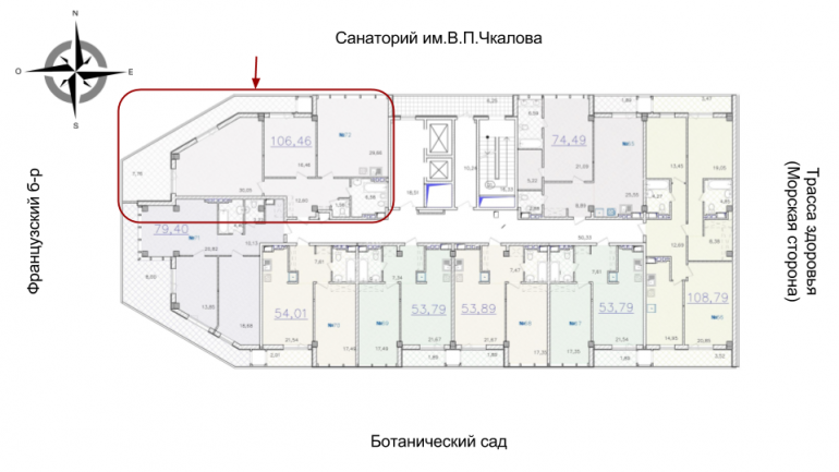 ЖК Гринвуд 1 секция Двухкомнатная Площадь 112,85 кв.м Расположение на этаже