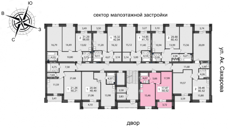 Чайка на Сахарова Однокомнатная 50,52 кв.м Расположение на этаже