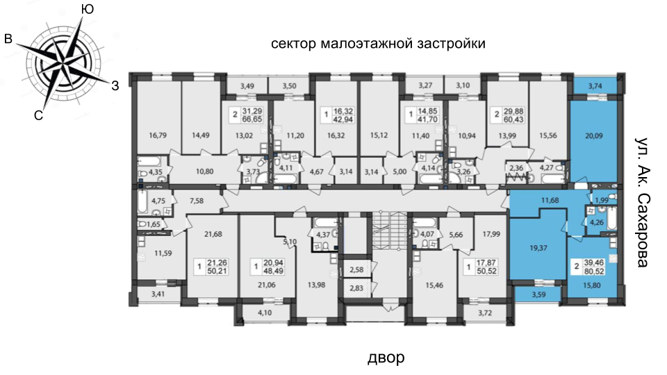 Чайка на Сахарова Двухкомнатная 80,52 кв.м Расположение на этаже
