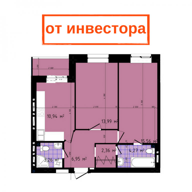Чайка на Сахарова Двухкомнатная от инвестора 60,97 кв.м Планировка