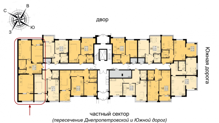 ЖК Золотая Эра Дом 6 Двухкомнатная 77,26 кв.м Расположение на этаже