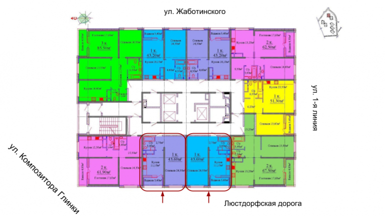 43,8 кв.м ЖК на Жаботинского Будова Альтаир 3 Однокомнатная расположение на этаже