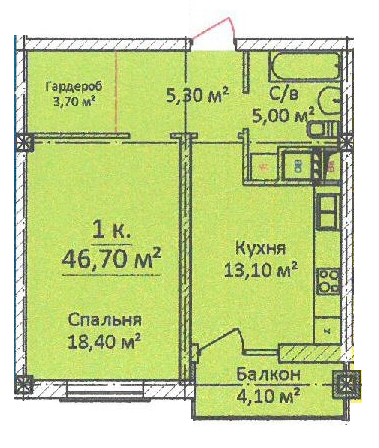 ЖК на Еврейской Чайная фабрика СК Будова Однокомнатная 46,7 Планировка