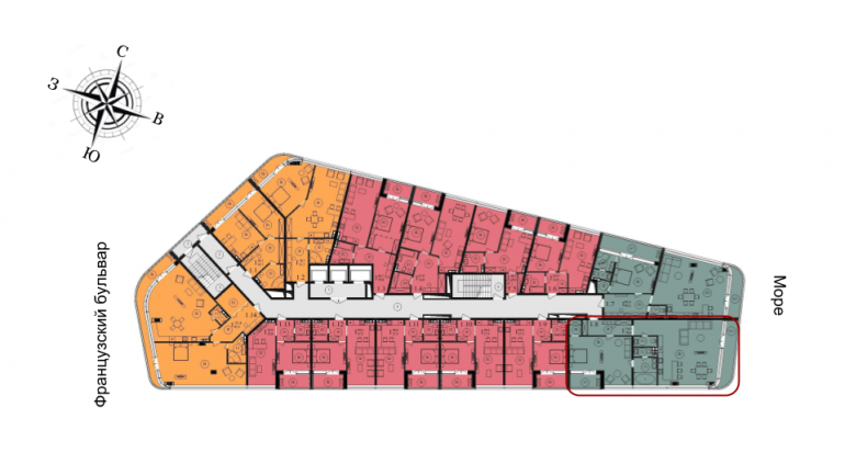 134,1 кв.м ЖК Kandinsky Residence Кандинский трехкомнатная расположение на этаже