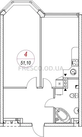 1-room apartment · 51.1 m² · Udobny