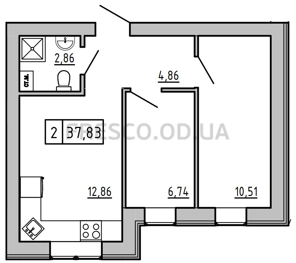 Планировка 2-комнатной квартиры 37.8 м² в ЖК «Кекс», Одесса