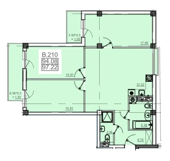 Трёхкомнатные апартаменты · 97.22 м² · Пространство на Донского