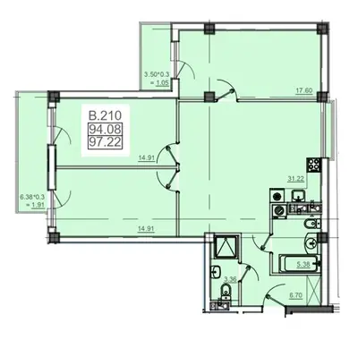 Трёхкомнатная · 97.22 м² · Пространство на Донского