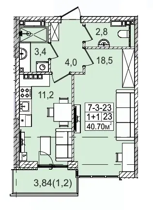 Layout plan of 1-room apartment 40.7 m² in Golden City, Odesa