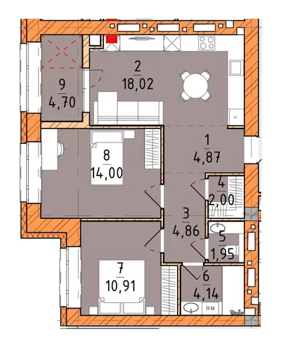 Двухкомнатная · 65.45 м² · Платинум Сити