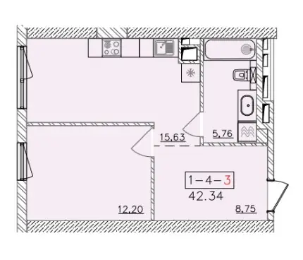 Однокомнатная квартира · 43.38 м² · ЖК 64 Жемчужина