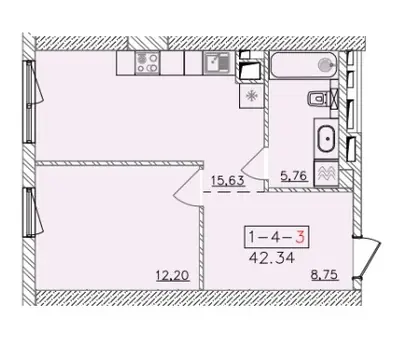 Однокомнатная · 43.38 м² · ЖК 64 Жемчужина