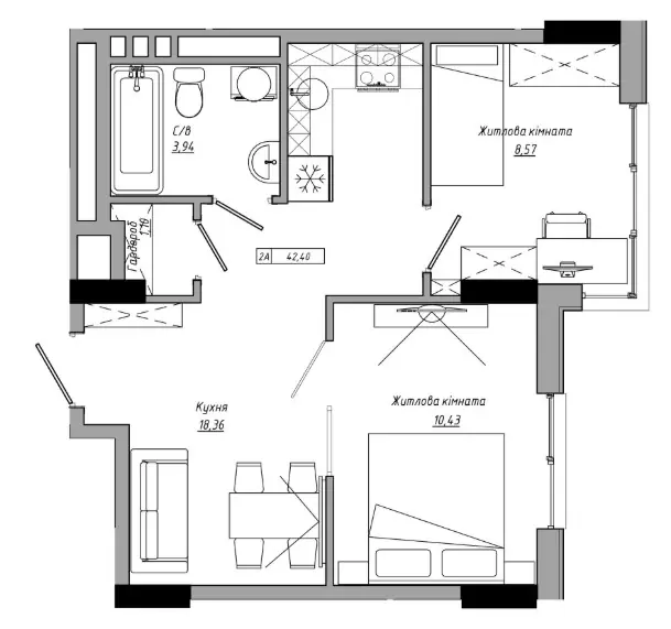 Двухкомнатная квартира · 42.4 м² · ЖК АртВиль