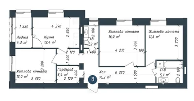 Трьохкімнатна · 84.37 м² · ЖК Одеська Чайка