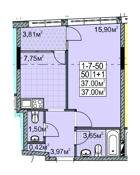 Layout plan of 1-room apartment 38.0 m² in Golden City Paliya, Odesa