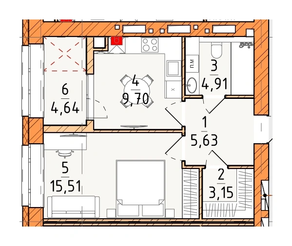 Однокомнатная квартира · 43.54 м² · Платинум Сити