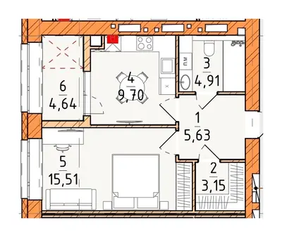 Однокомнатная · 43.54 м² · Платинум Сити