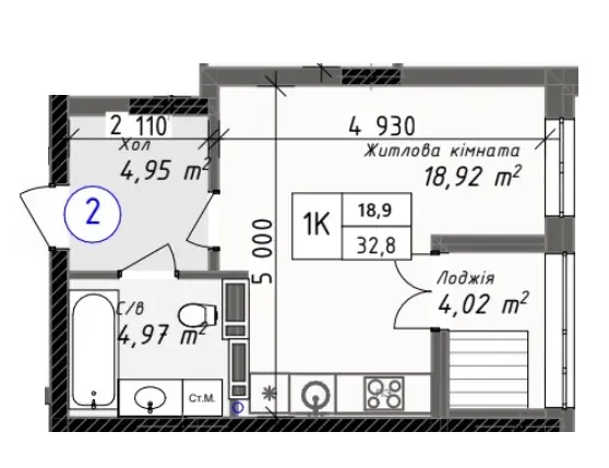 Студия · 32.8 м² · ЖК Одеса Сити
