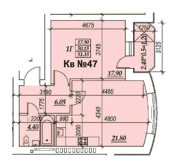 Планировка 3-комнатной квартиры 51.0 м²