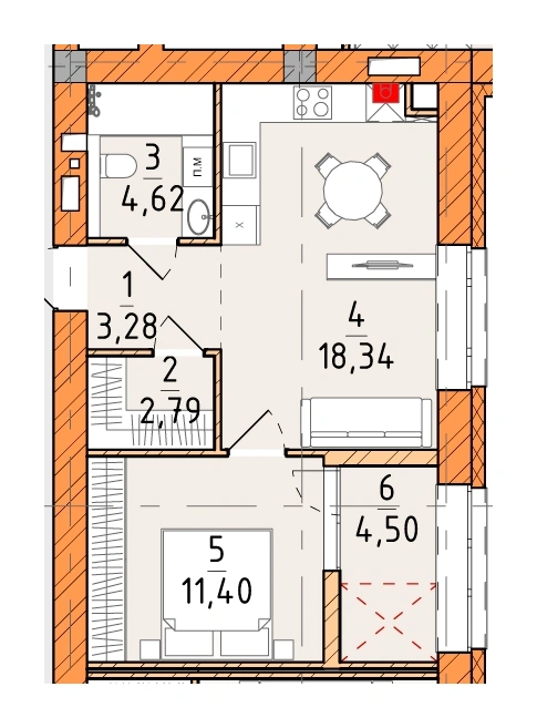 Однокомнатная квартира · 44.93 м² · Платинум Сити
