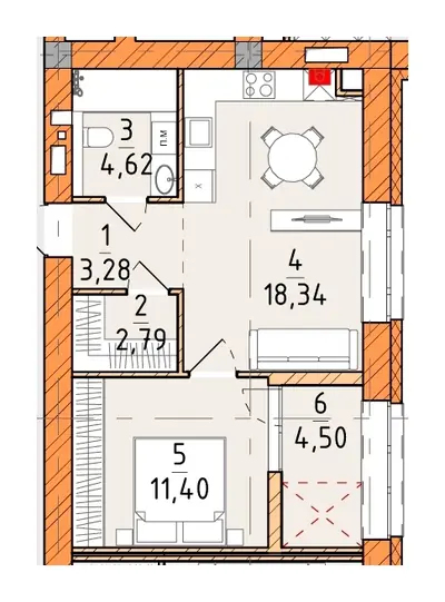 Однокомнатная · 44.93 м² · Платинум Сити