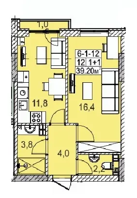 Планування 1-кімнатної квартири 39.2 м² в ЖК «Голден Сіті», Одеса