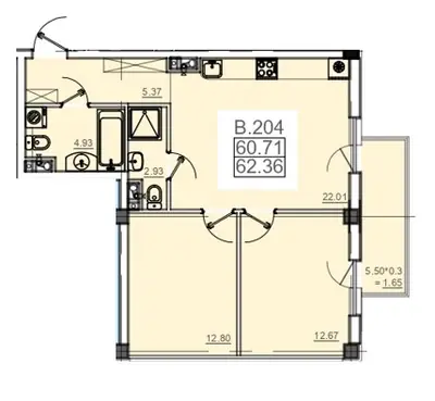 Двухкомнатная · 62.36 м² · Пространство на Донского
