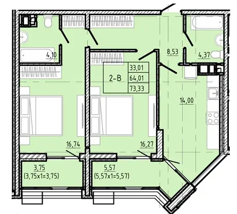 Двухкомнатная квартира · 73.33 м² · ЖК Модерн