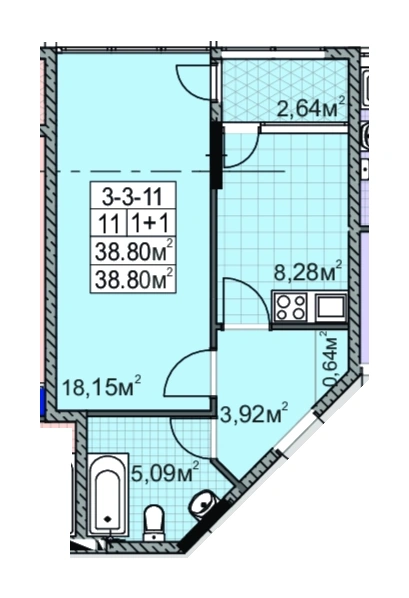 Планировка 1-комнатной квартиры 39.0 м² в ЖК «Голден Сити на Палия», Одесса