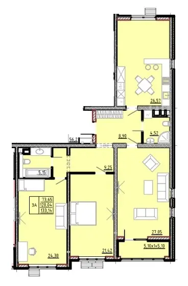 Трёхкомнатная квартира · 133.14 м² · ЖК Модерн