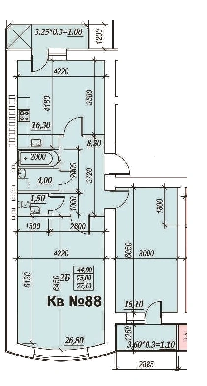 Планировка 2-комнатной квартиры 77.0 м²