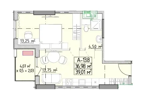 Однокомнатная квартира · 39.01 м² · ЖК ЭЛЛАДА