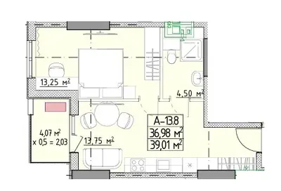 Однокомнатная квартира · 39.6 м² · ЖК ЭЛЛАДА