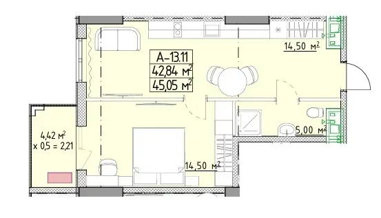 Однокомнатная квартира · 45.05 м² · ЖК ЭЛЛАДА