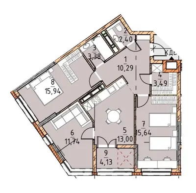 Трёхкомнатная · 80.01 м² · Платинум Сити