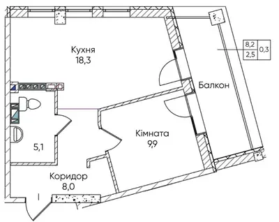 Планировка 1-комнатной квартиры 42.6 м² в ЖК «Гринвич Парк», Одесса